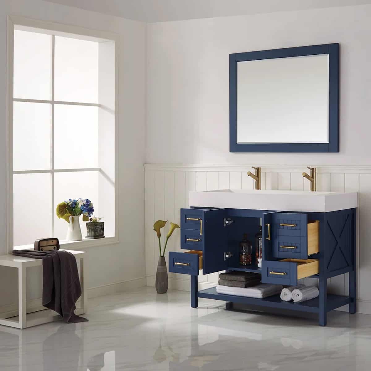 Vinnova Pavia 48 Inch Royal Blue Freestanding Double Vanity with Acrylic Under-Mount Sink With Mirror Inside 755048-RB-WH