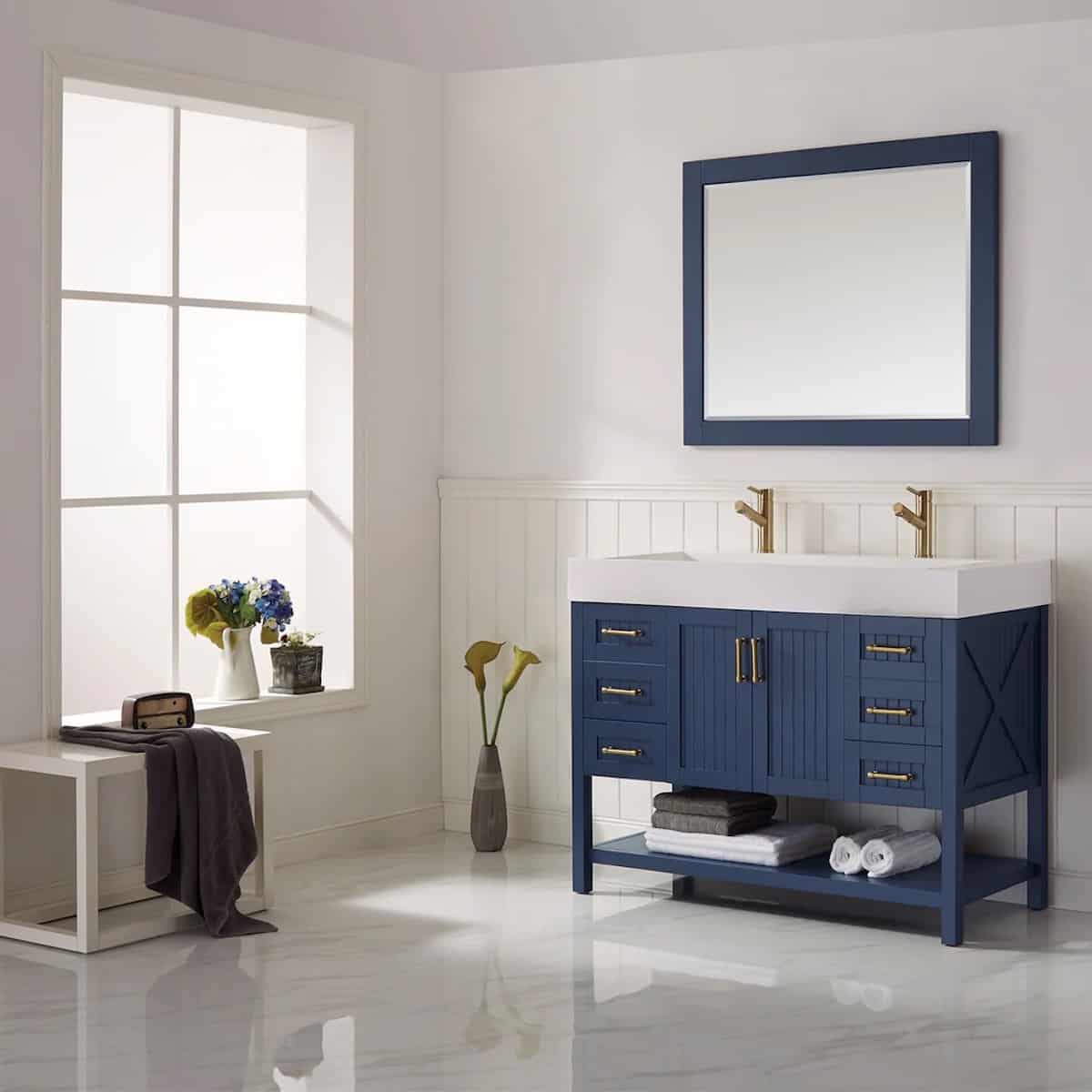 Vinnova Pavia 48 Inch Royal Blue Freestanding Double Vanity with Acrylic Under-Mount Sink With Mirror Side 755048-RB-WH