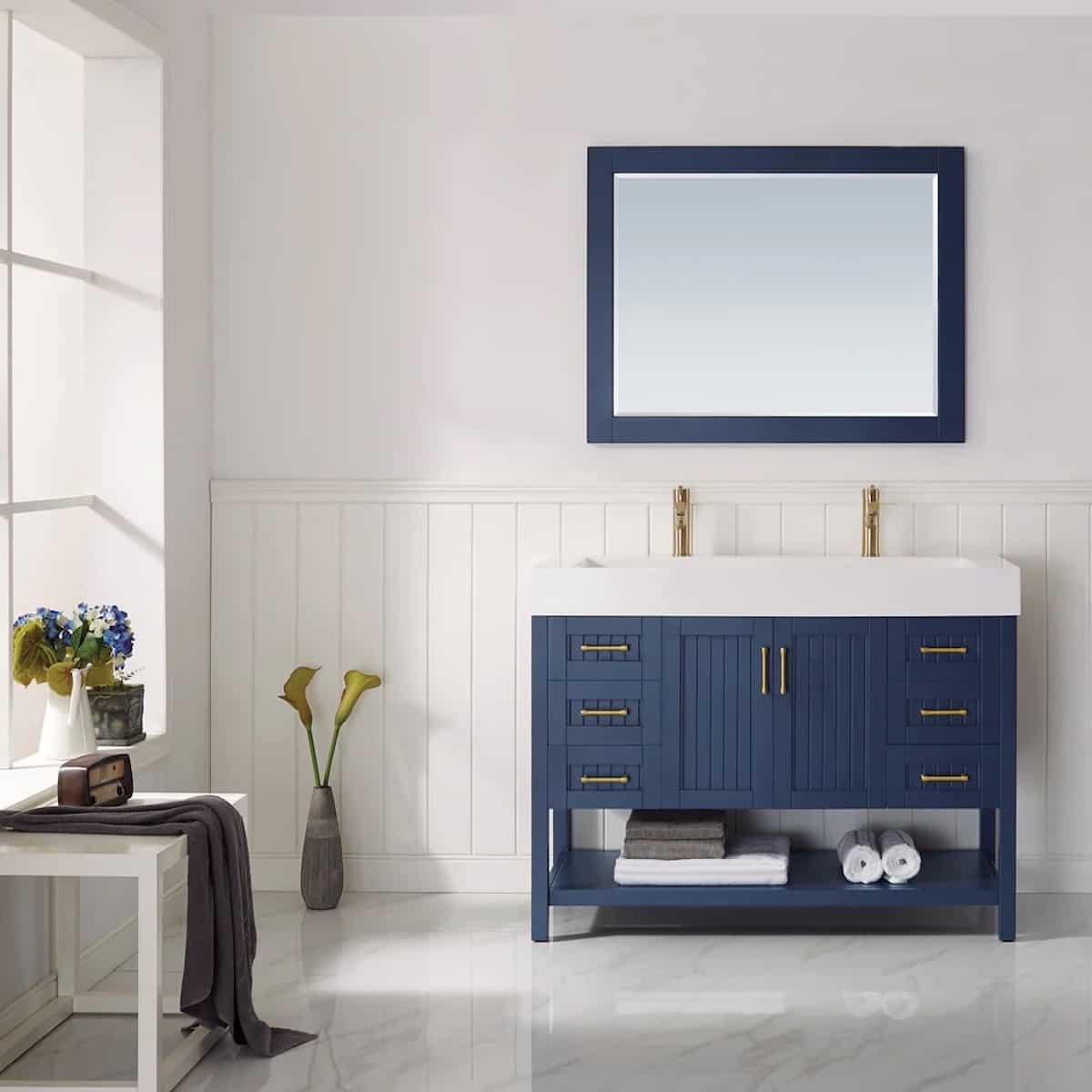 Vinnova Pavia 48 Inch Royal Blue Freestanding Double Vanity with Acrylic Under-Mount Sink With Mirror in Bathroom 755048-RB-WH