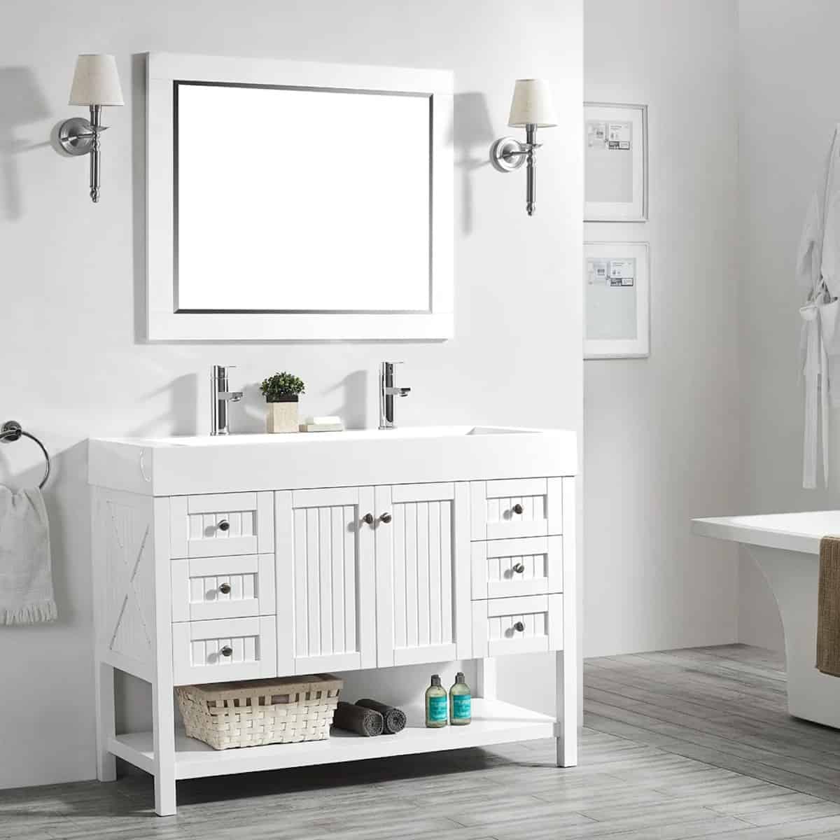 Vinnova Pavia 48 Inch White Freestanding Double Vanity with Acrylic Under-Mount Sink With Mirror Side 755048-WH-WH
