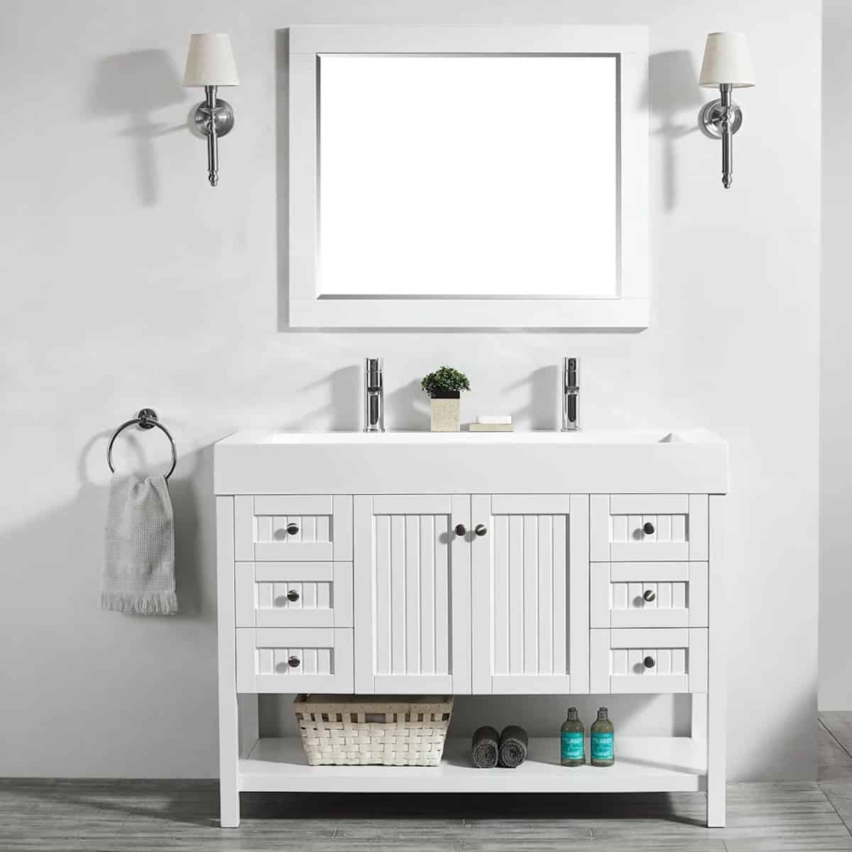 Vinnova Pavia 48 Inch White Freestanding Double Vanity with Acrylic Under-Mount Sink With Mirror in Bathroom 755048-WH-WH