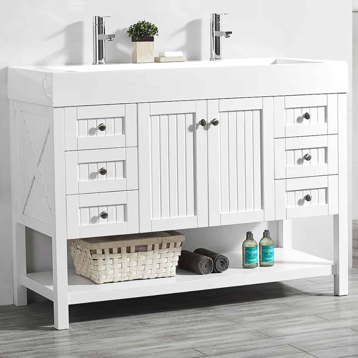 Vinnova Pavia 48 Inch White Freestanding Double Vanity with Acrylic Under-Mount Sink Without Mirror Side 755048-WH-WH-NM