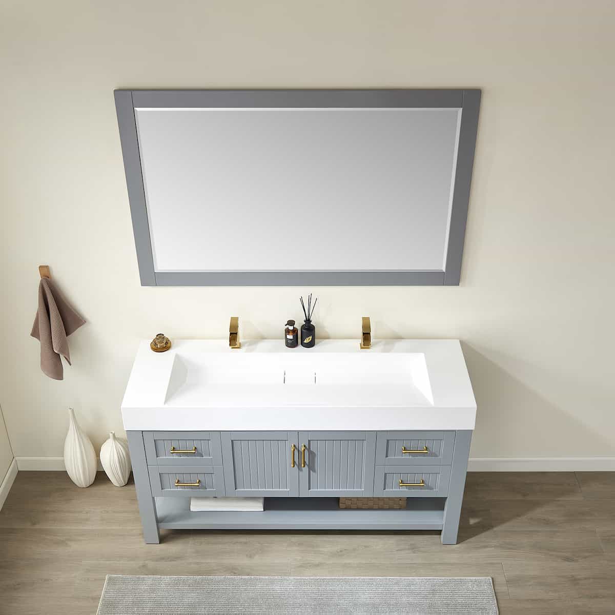 Vinnova Pavia 60 Inch Grey Freestanding Double Vanity with White Integrated Artificial Stone Sink With Mirror Sink 755060-GR-WH