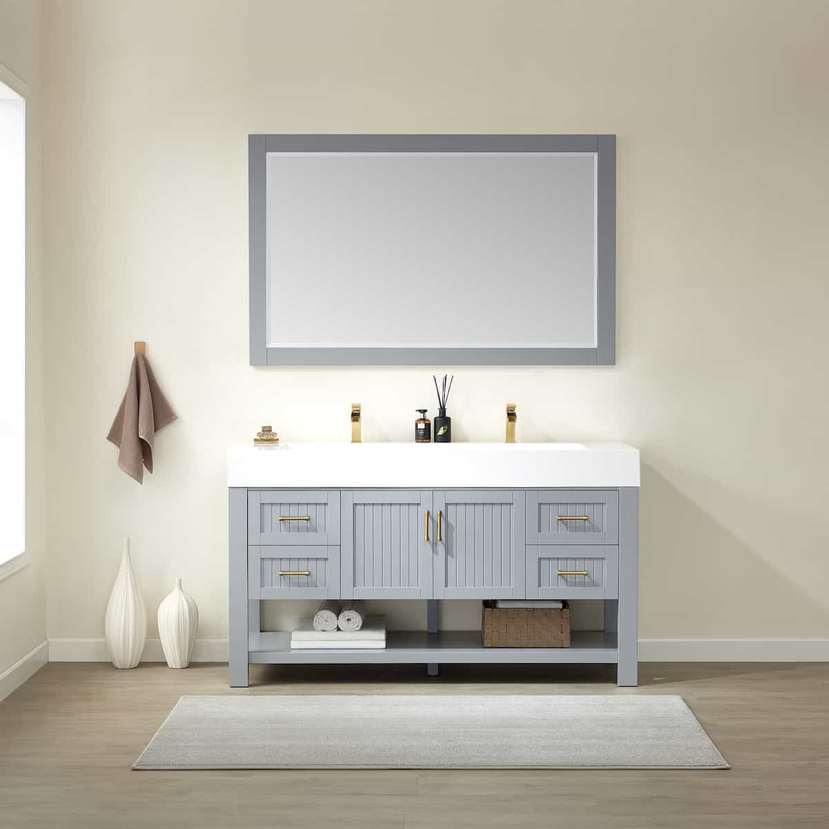 Vinnova Pavia 60 Inch Grey Freestanding Double Vanity with White Integrated Artificial Stone Sink With Mirror in Bathroom 755060-GR-WH