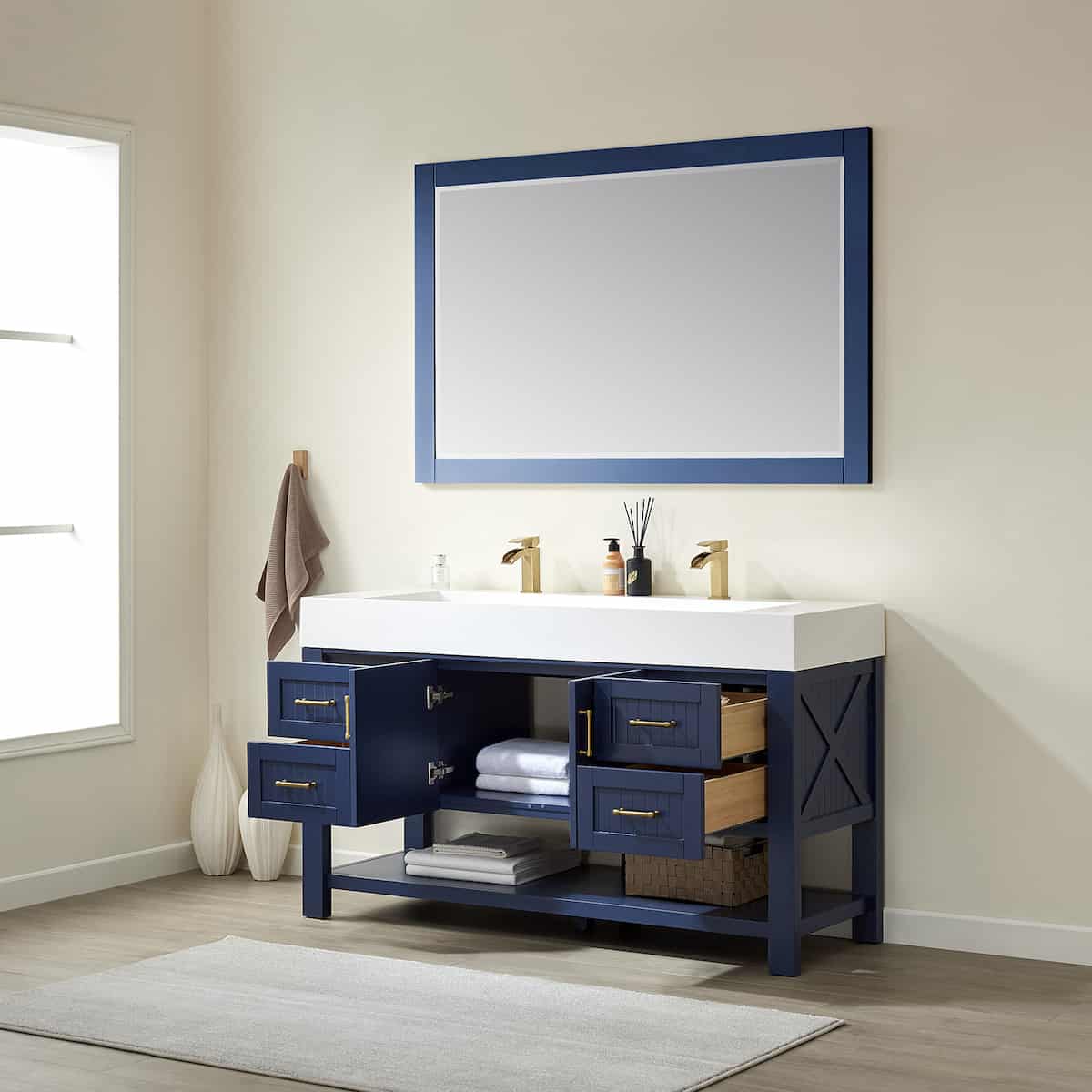 Vinnova Pavia 60 Inch Royal Blue Freestanding Double Vanity with White Integrated Artificial Stone Sink With Mirror Inside 755060-RB-WH