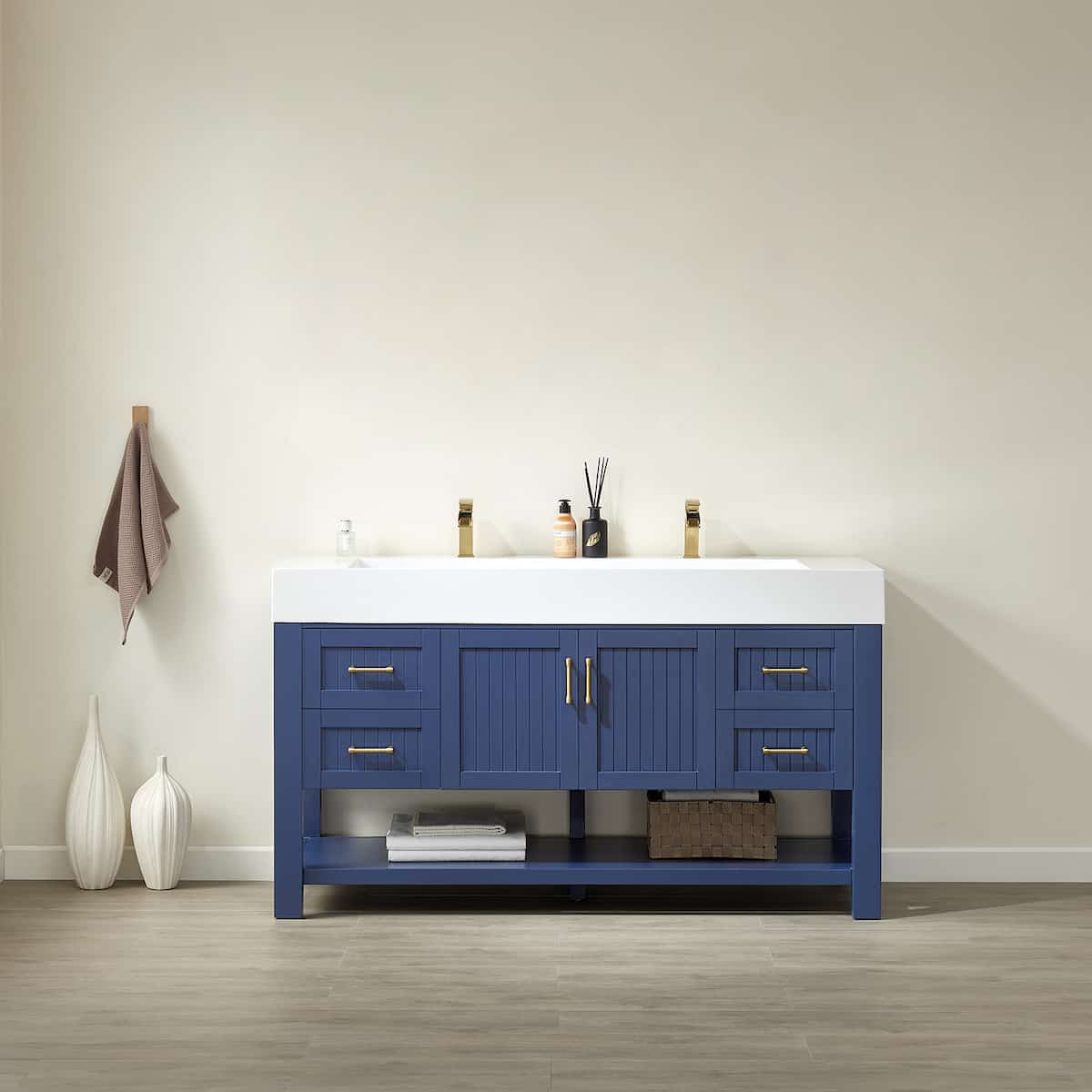 Vinnova Pavia 60 Inch Royal Blue Freestanding Double Vanity with White Integrated Artificial Stone Sink Without Mirror in Bathroom 755060-RB-WH-NM