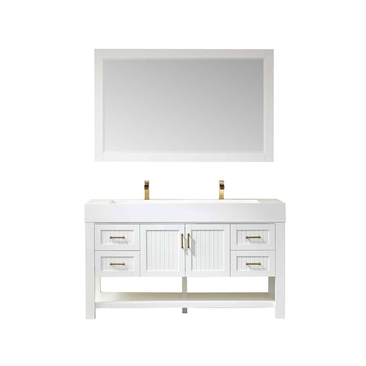 Vinnova Pavia 60 Inch White Freestanding Double Vanity with White Integrated Artificial Stone Sink With Mirror 755060-WH-WH