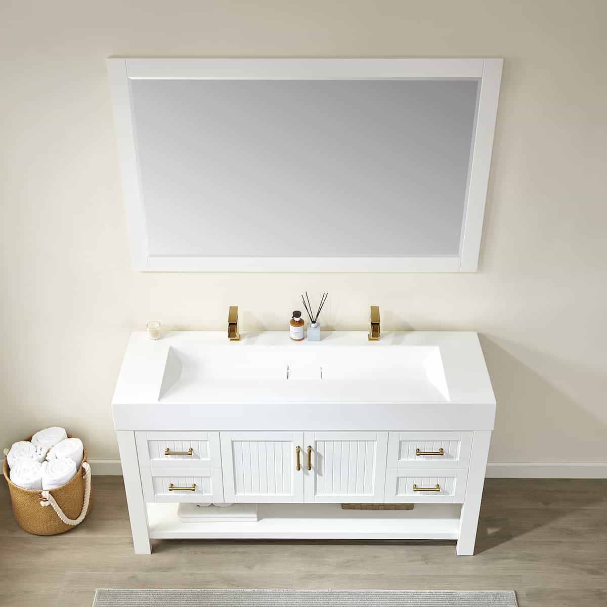 Vinnova Pavia 60 Inch White Freestanding Double Vanity with White Integrated Artificial Stone Sink With Mirror Sink 755060-WH-WH
