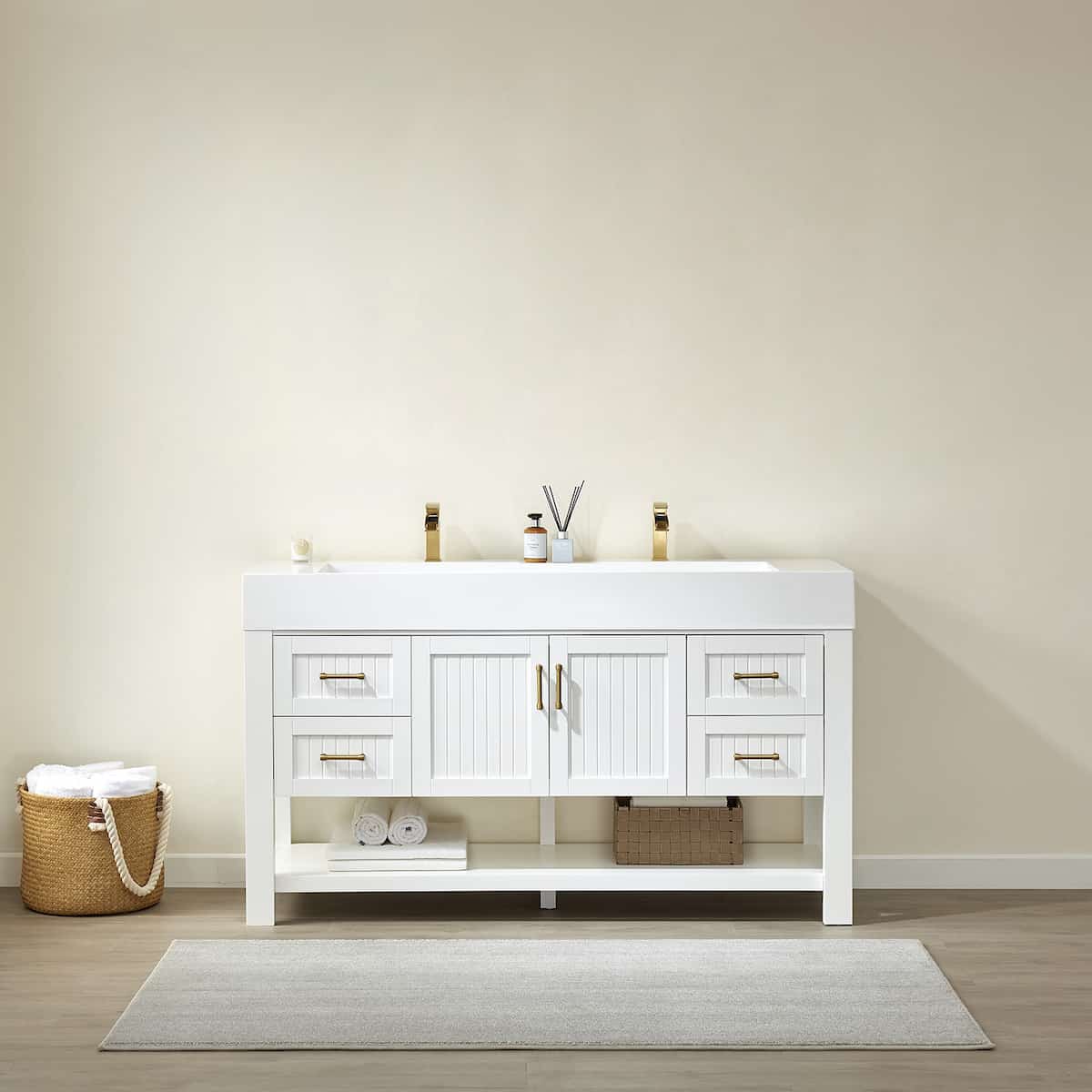 Vinnova Pavia 60 Inch White Freestanding Double Vanity with White Integrated Artificial Stone Sink Without Mirror in Bathroom 755060-WH-WH-NM