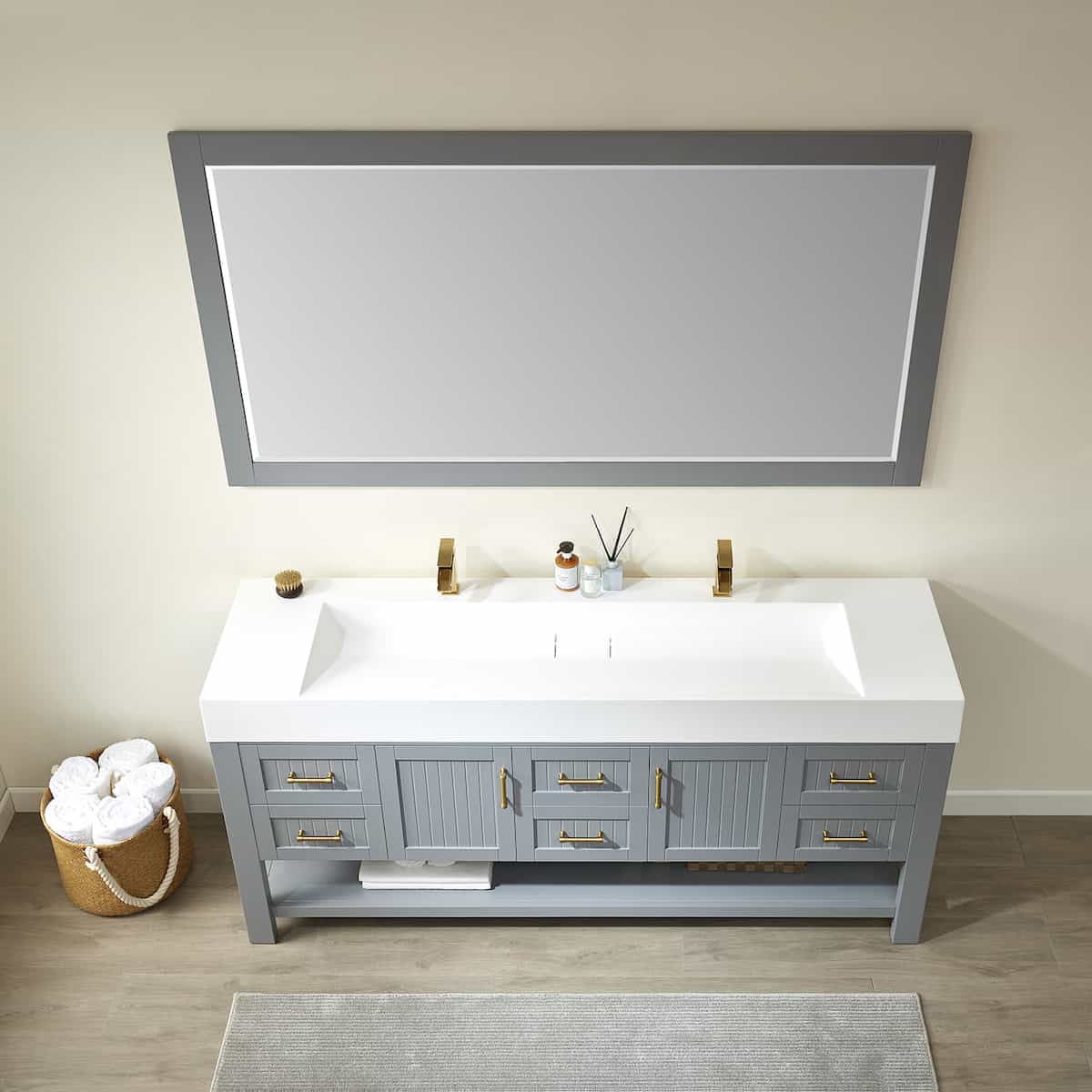 Vinnova Pavia 72 Inch Grey Freestanding Double Vanity with White Integrated Artificial Stone Sink With Mirror Sink 755072-GR-WH