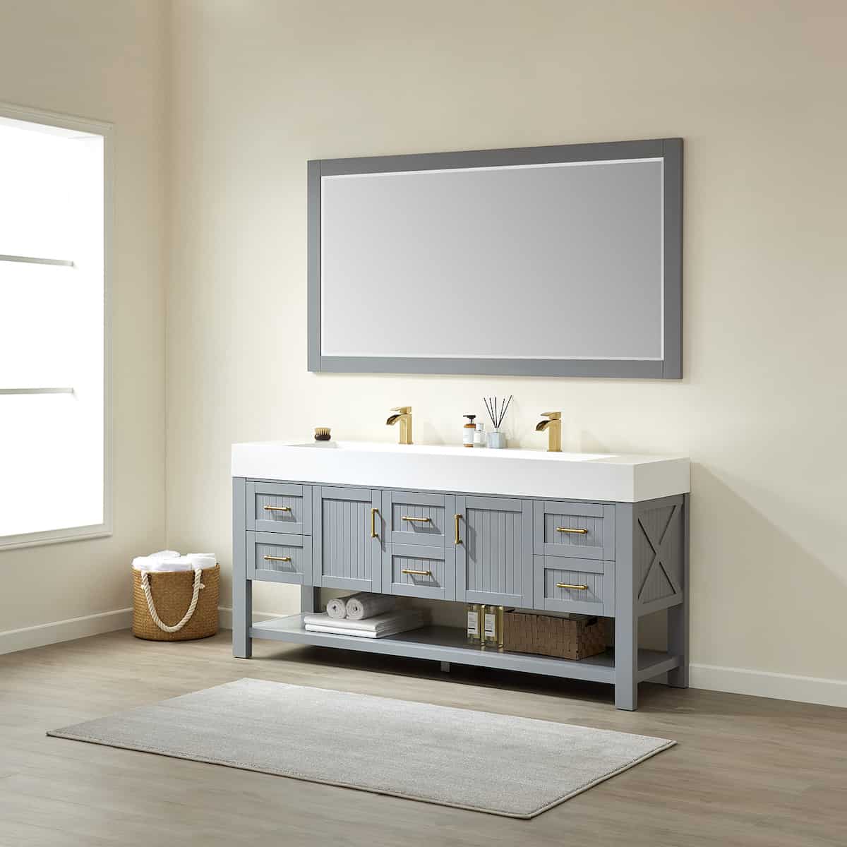 Vinnova Pavia 72 Inch Grey Freestanding Double Vanity with White Integrated Artificial Stone Sink With Mirror Side 755072-GR-WH