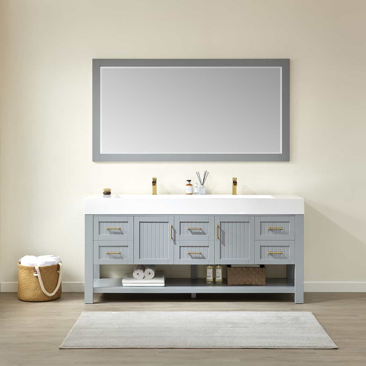 Vinnova Pavia 72 Inch Grey Freestanding Double Vanity with White Integrated Artificial Stone Sink With Mirror in Bathroom 755072-GR-WH