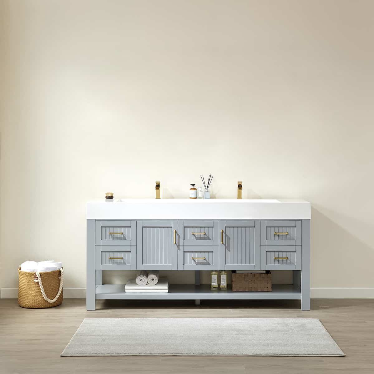 Vinnova Pavia 72 Inch Grey Freestanding Double Vanity with White Integrated Artificial Stone Sink Without Mirror in Bathroom 755072-GR-WH-NM