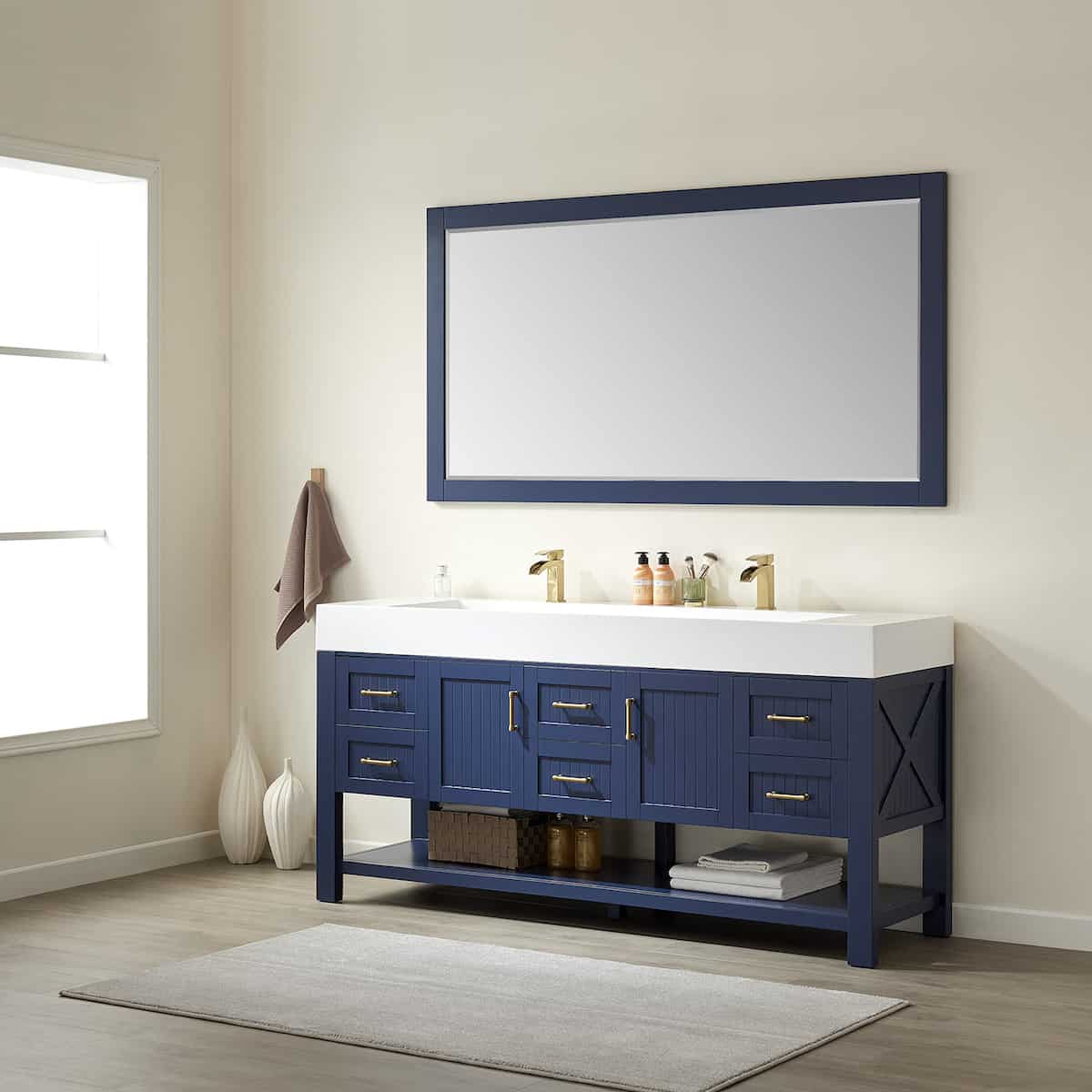 Vinnova Pavia 72 Inch Royal Blue Freestanding Double Vanity with White Integrated Artificial Stone Sink With Mirror Side 755072-RB-WH