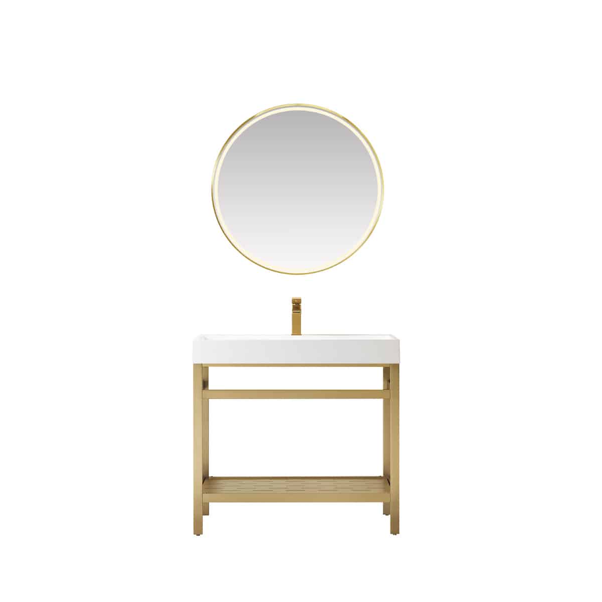 Vinnova Soria 36 Inch Freestanding Single Sink Bath Vanity in Brushed Gold Metal Support with White One-Piece Composite Stone Sink Top With Mirror 702636-BG-WH #mirror_with mirror