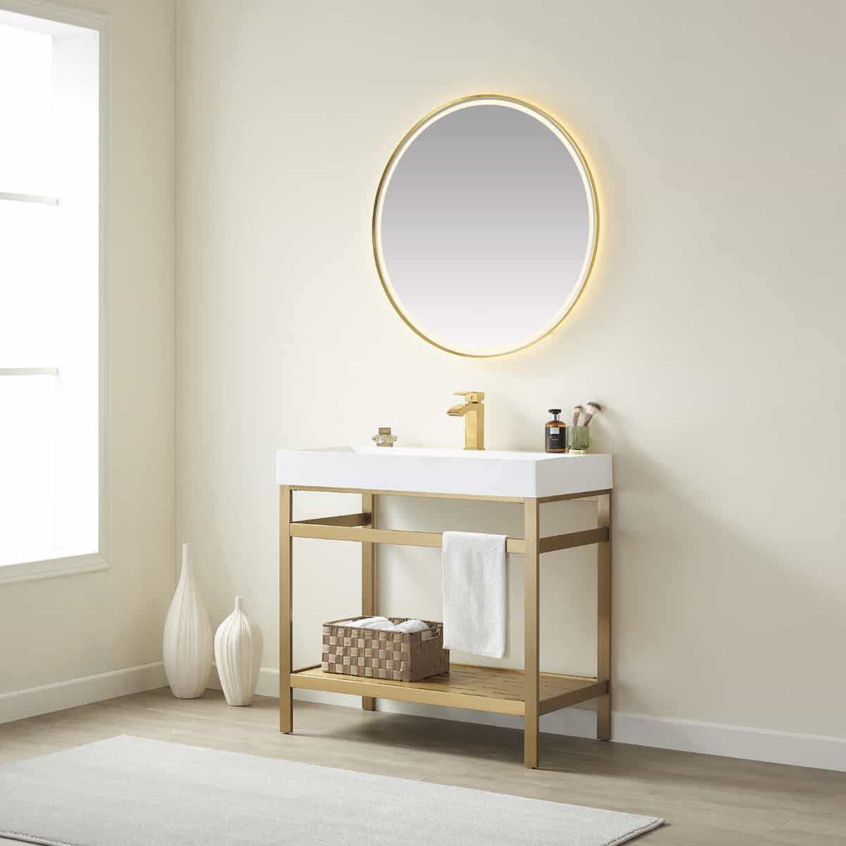 Vinnova Soria 36 Inch Freestanding Single Sink Bath Vanity in Brushed Gold Metal Support with White One-Piece Composite Stone Sink Top With Mirror Side 702636-BG-WH #mirror_with mirror
