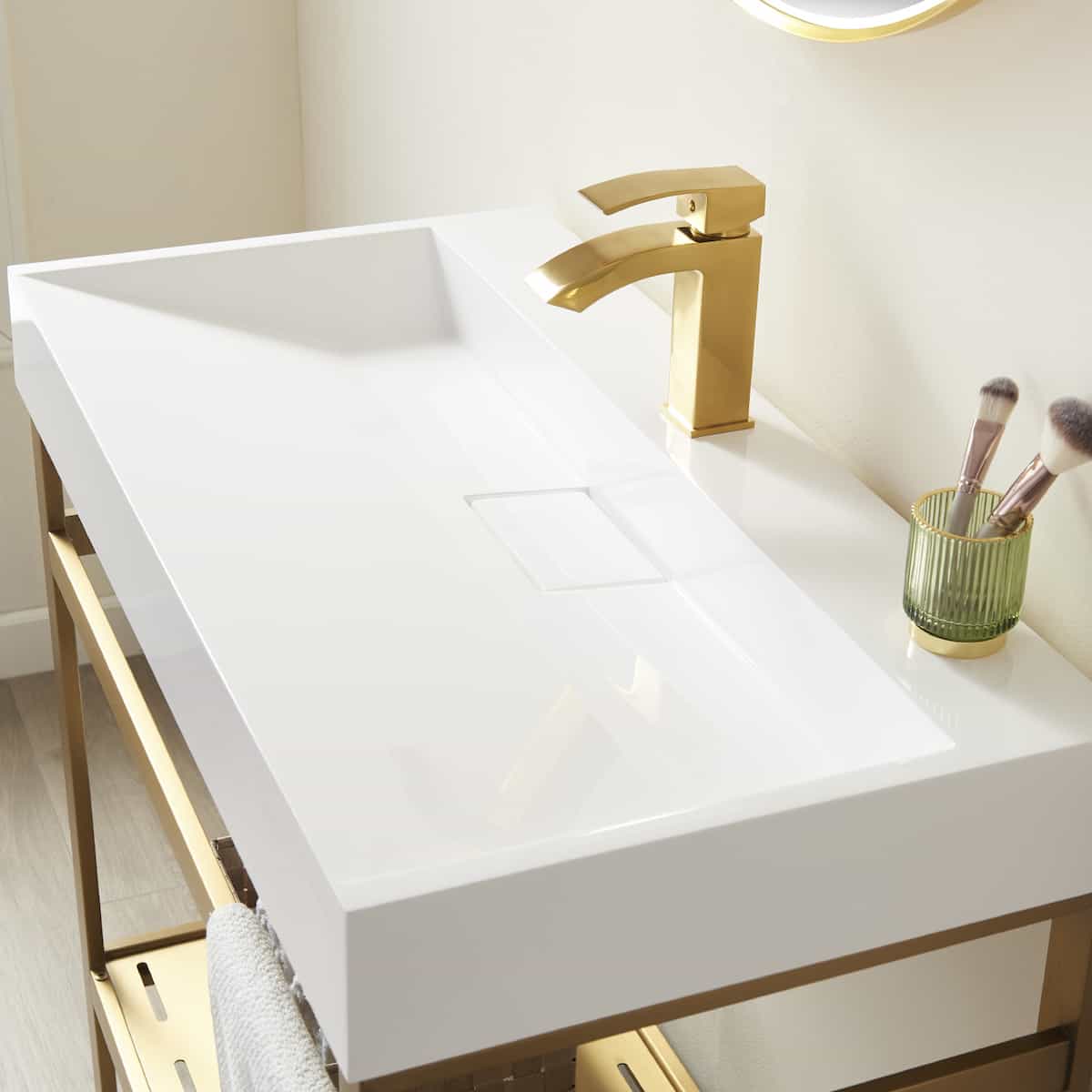 Vinnova Soria 36 Inch Freestanding Single Sink Bath Vanity in Brushed Gold Metal Support with White One-Piece Composite Stone Sink Top With Mirror Sink 702636-BG-WH #mirror_with mirror
