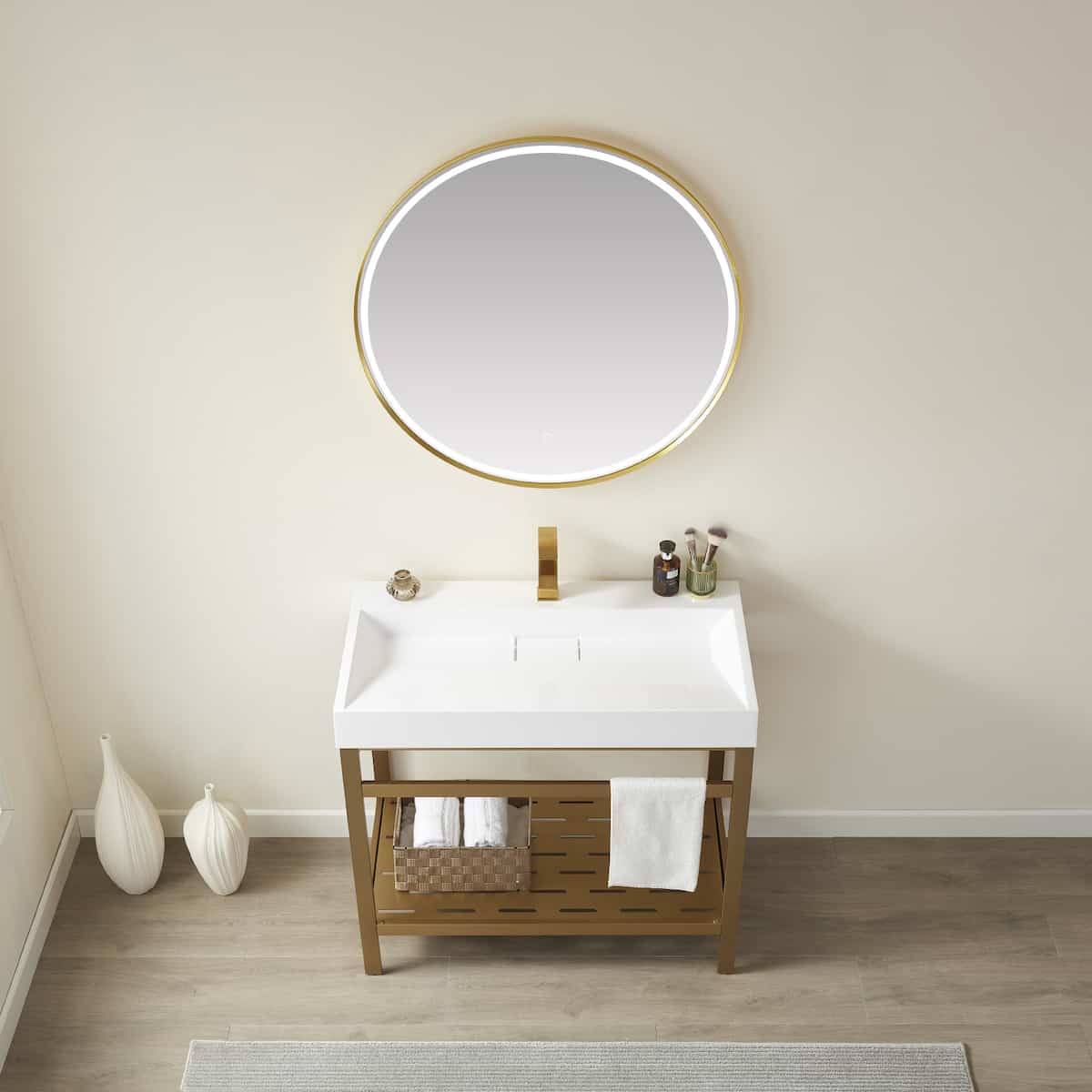 Vinnova Soria 36 Inch Freestanding Single Sink Bath Vanity in Brushed Gold Metal Support with White One-Piece Composite Stone Sink Top With Mirror Counter 702636-BG-WH #mirror_with mirror