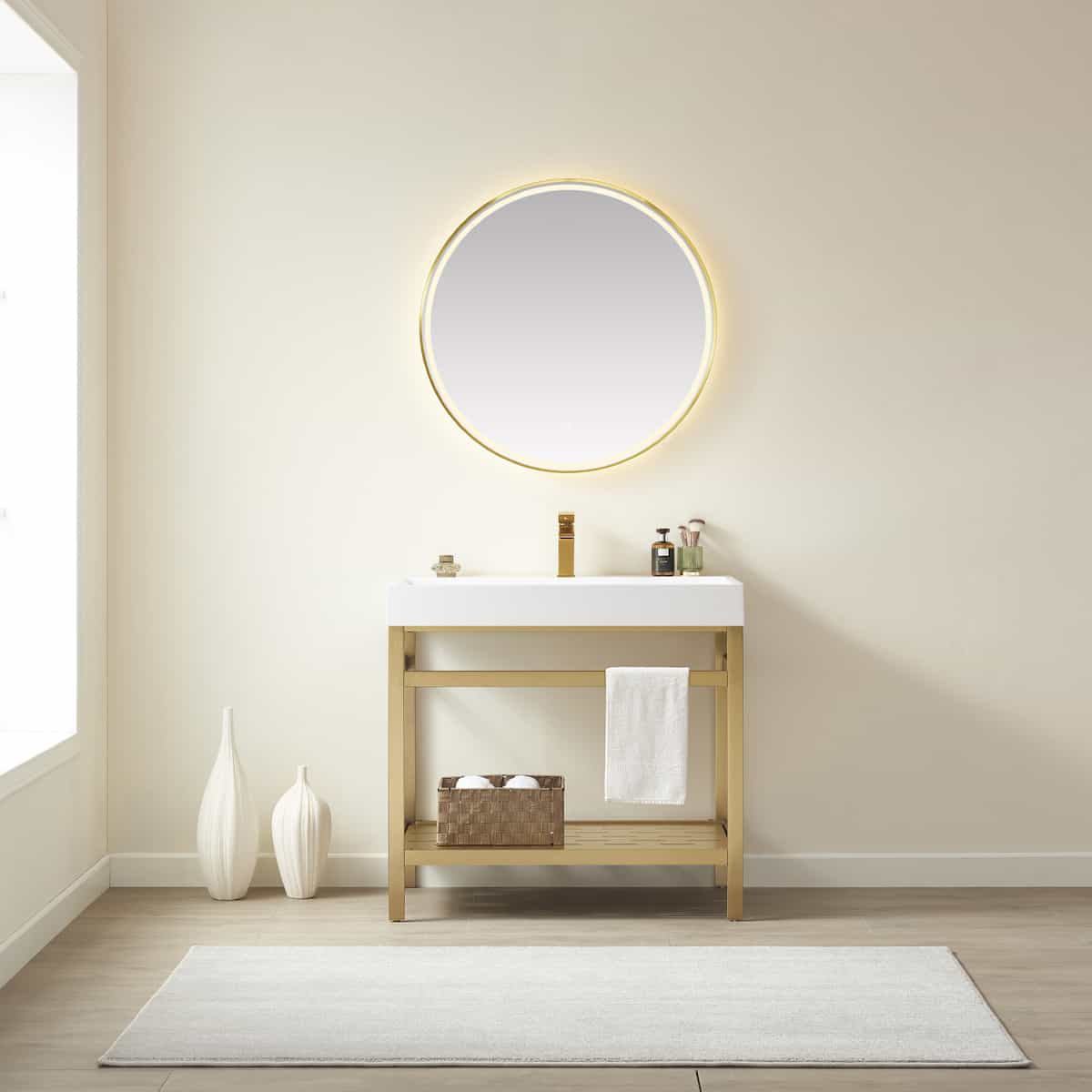 Vinnova Soria 36 Inch Freestanding Single Sink Bath Vanity in Brushed Gold Metal Support with White One-Piece Composite Stone Sink Top With Mirror in Bathroom 702636-BG-WH #mirror_with mirror