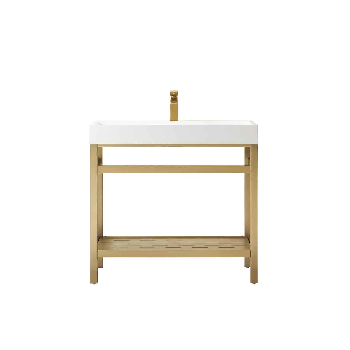 Vinnova Soria 36 Inch Freestanding Single Sink Bath Vanity in Brushed Gold Metal Support with White One-Piece Composite Stone Sink Top Without Mirror 702636-BG-WH-NM #mirror_without mirror