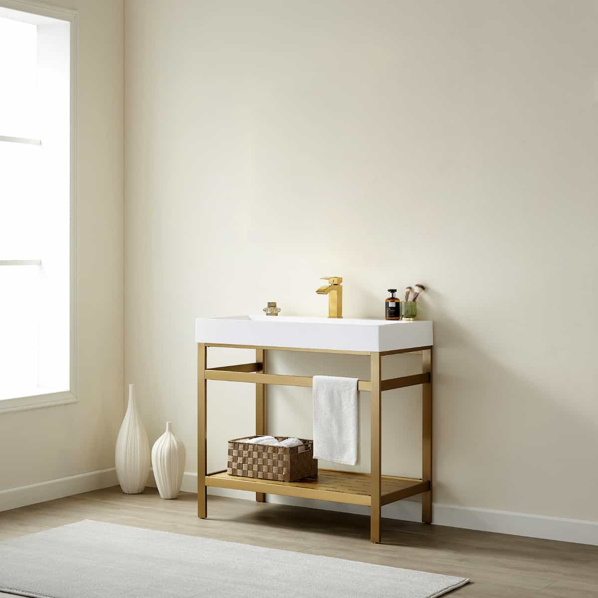 Vinnova Soria 36 Inch Freestanding Single Sink Bath Vanity in Brushed Gold Metal Support with White One-Piece Composite Stone Sink Top Without Mirror Right Side 702636-BG-WH-NM #mirror_without mirror