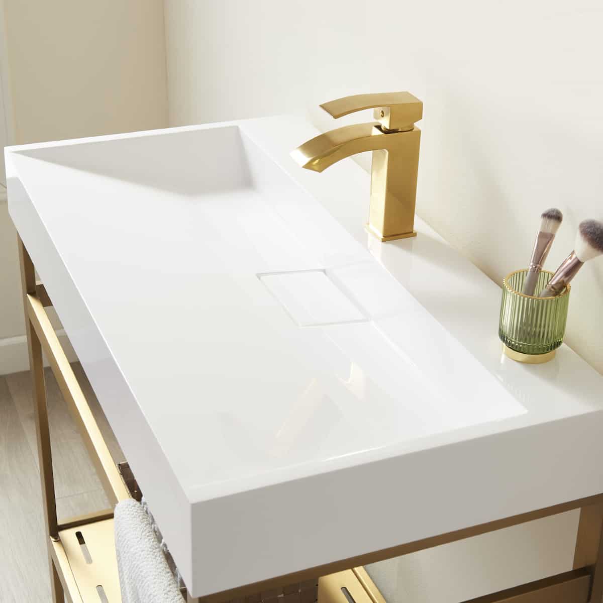 Vinnova Soria 36 Inch Freestanding Single Sink Bath Vanity in Brushed Gold Metal Support with White One-Piece Composite Stone Sink Top Without Mirror Sink 702636-BG-WH-NM #mirror_without mirror