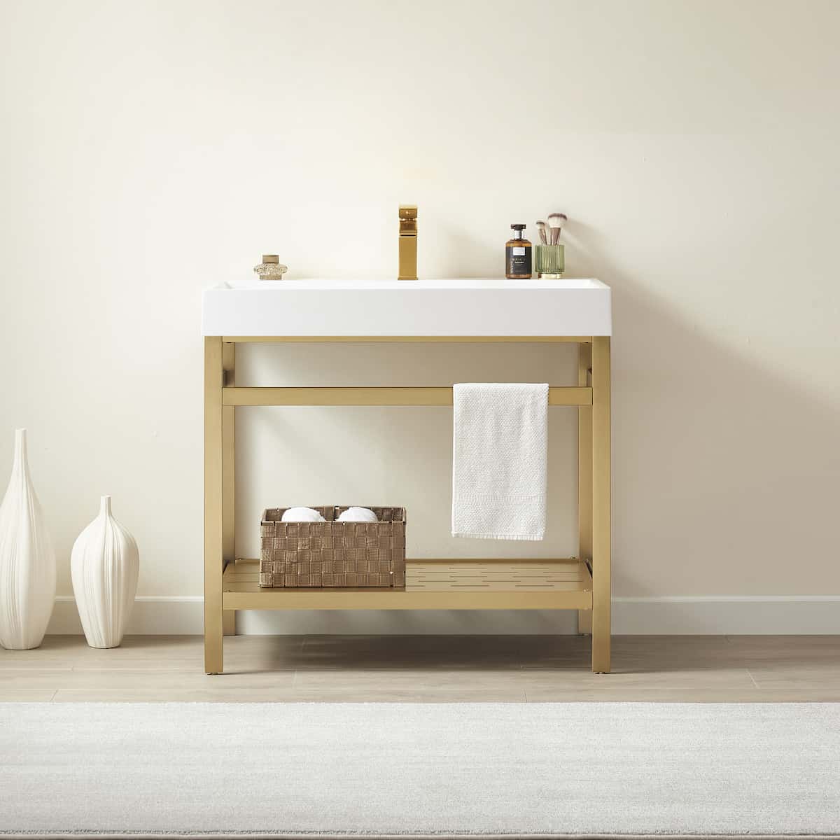Vinnova Soria 36 Inch Freestanding Single Sink Bath Vanity in Brushed Gold Metal Support with White One-Piece Composite Stone Sink Top Without Mirror in Bathroom 702636-BG-WH-NM #mirror_without mirror