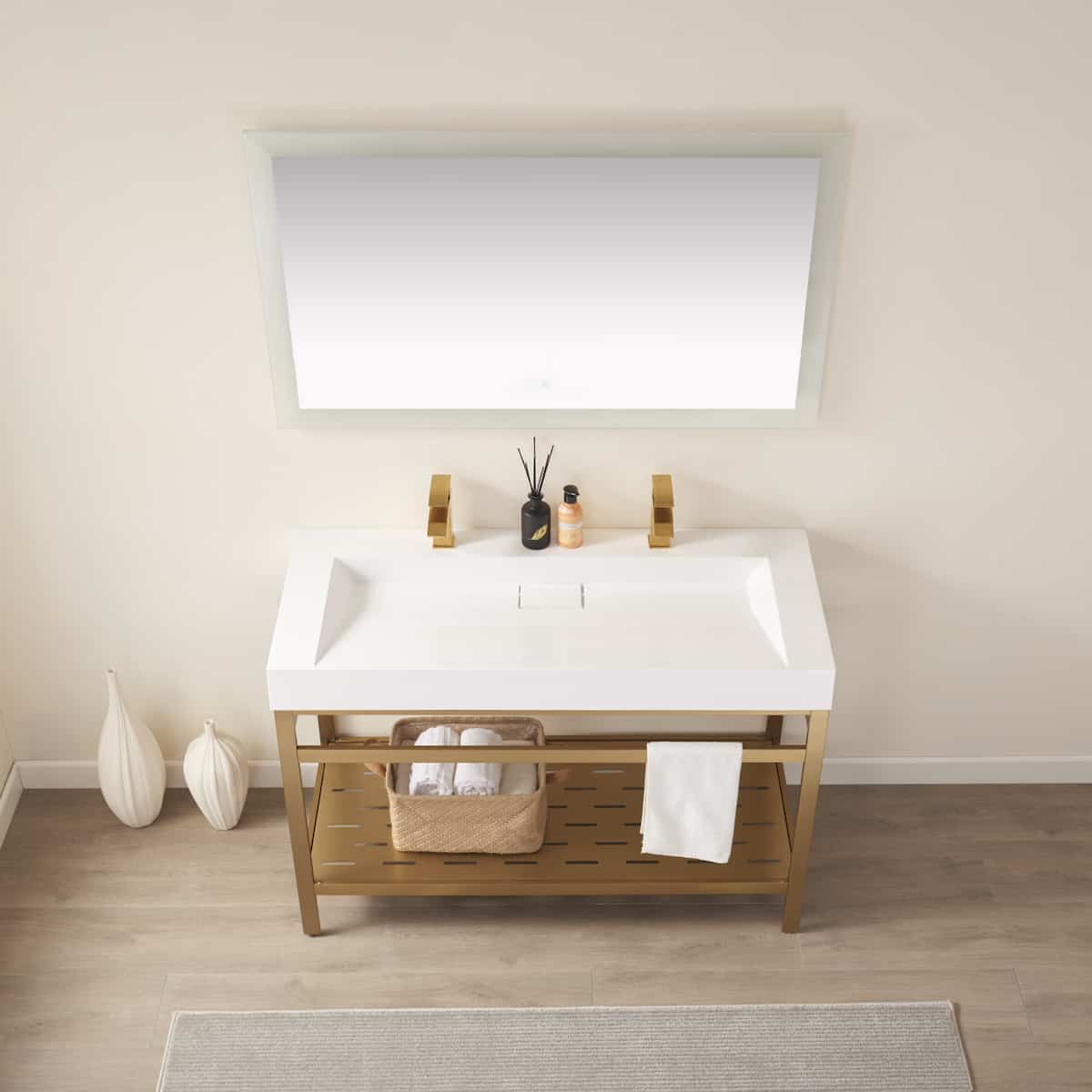 Vinnova Soria 48 Inch Freestanding Double Bath Vanity in Brushed Gold Metal Support with White One-Piece Composite Stone Sink Top With Mirror Sink 702648-BG-WH