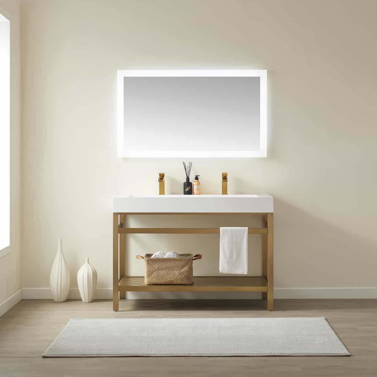 Vinnova Soria 48 Inch Freestanding Double Bath Vanity in Brushed Gold Metal Support with White One-Piece Composite Stone Sink Top With Mirror in Bathroom 702648-BG-WH