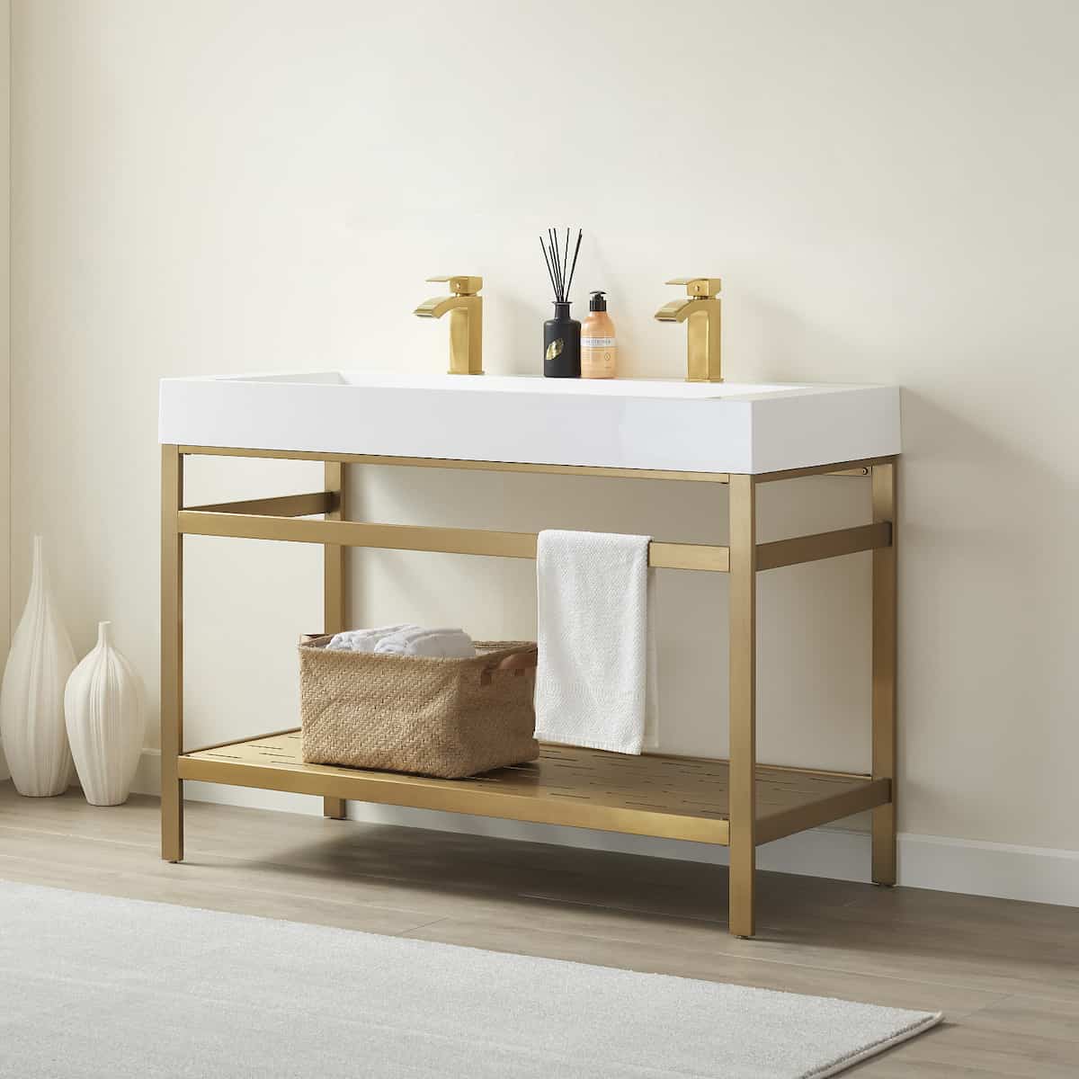 Vinnova Soria 48 Inch Freestanding Double Bath Vanity in Brushed Gold Metal Support with White One-Piece Composite Stone Sink Top Without Mirror Side 702648-BG-WH-NM