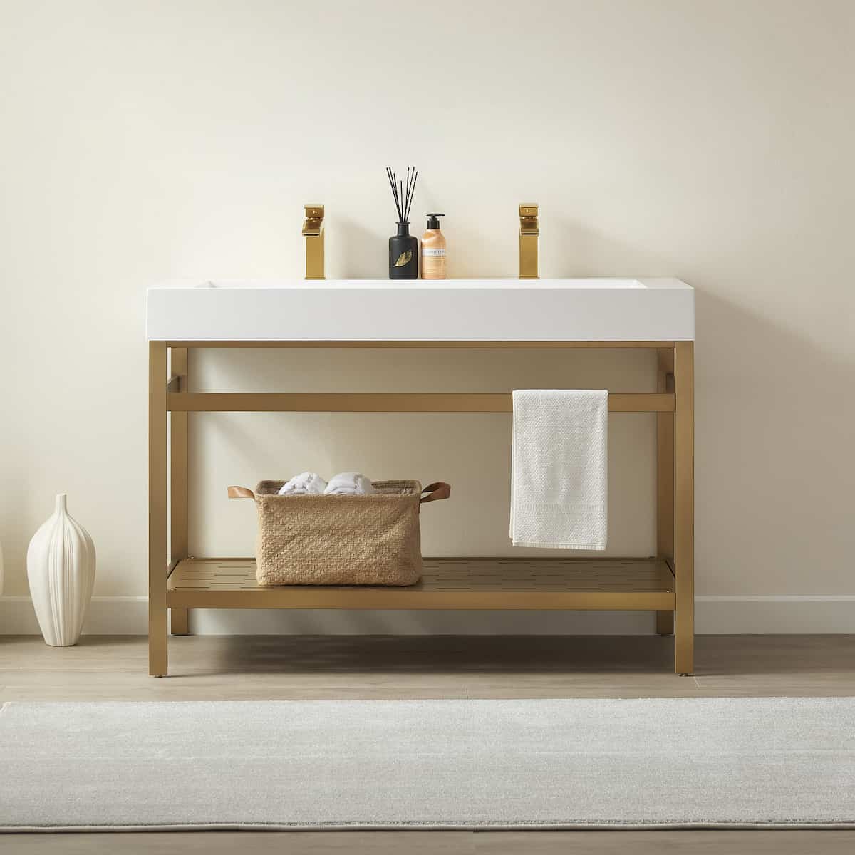 Vinnova Soria 48 Inch Freestanding Double Bath Vanity in Brushed Gold Metal Support with White One-Piece Composite Stone Sink Top Without Mirror in Bathroom 702648-BG-WH-NM
