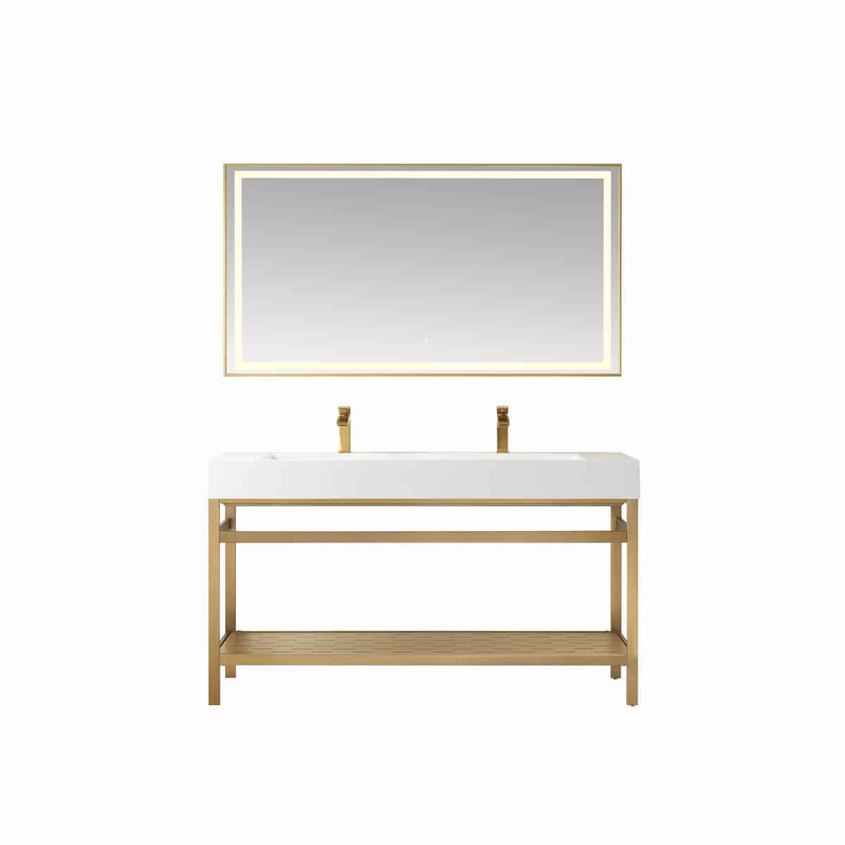 Vinnova Soria 60 Inch Freestanding Double Bath Vanity in Brushed Gold Metal Support with White One-Piece Composite Stone Sink Top With Mirror 702660-BG-WH
