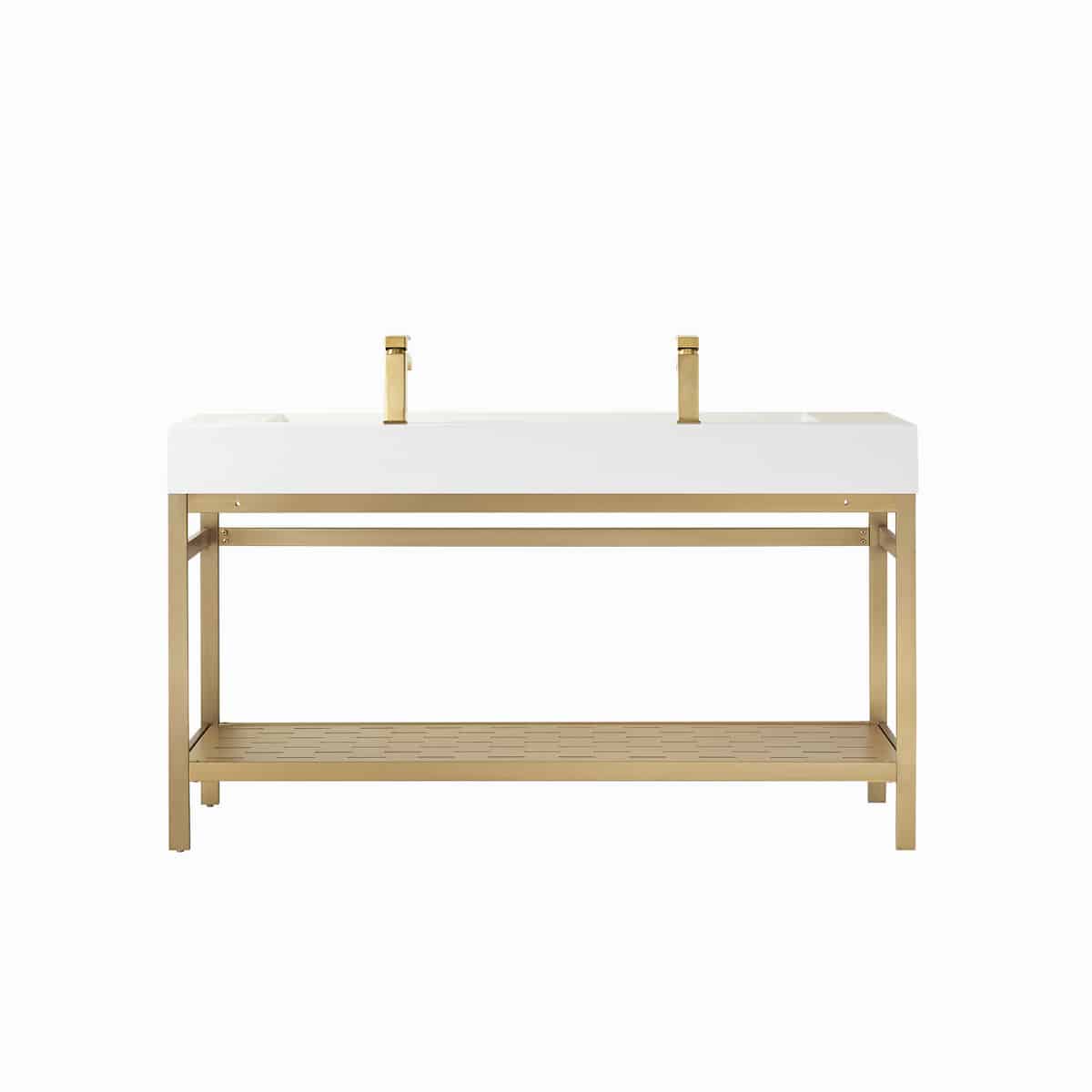 Vinnova Soria 60 Inch Freestanding Double Bath Vanity in Brushed Gold Metal Support with White One-Piece Composite Stone Sink Top With Mirror Back 702660-BG-WH