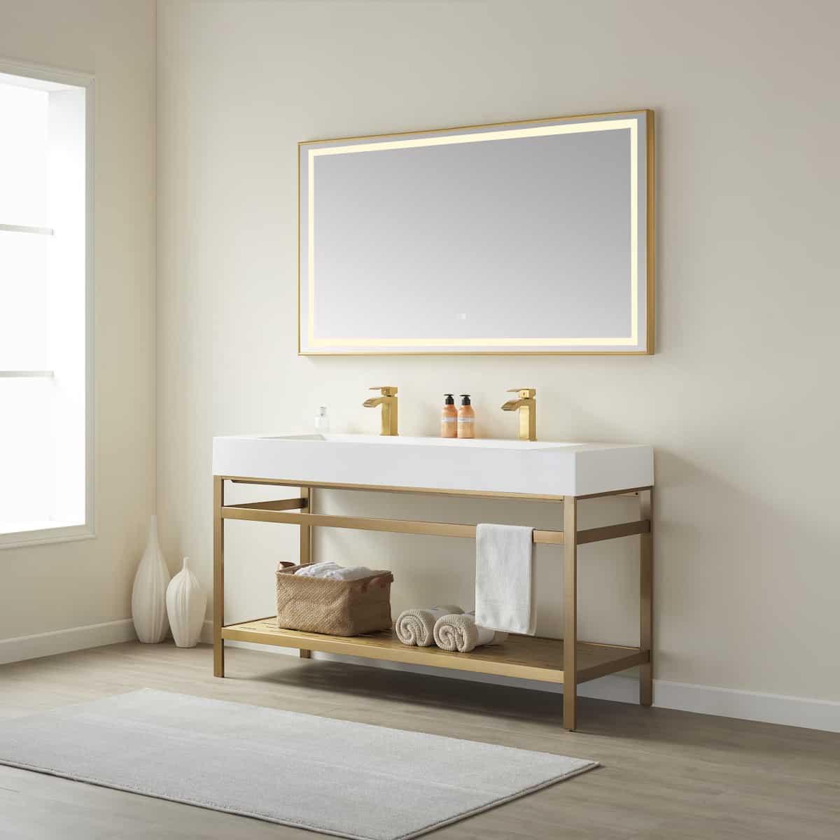 Vinnova Soria 60 Inch Freestanding Double Bath Vanity in Brushed Gold Metal Support with White One-Piece Composite Stone Sink Top With Mirror Side 702660-BG-WH