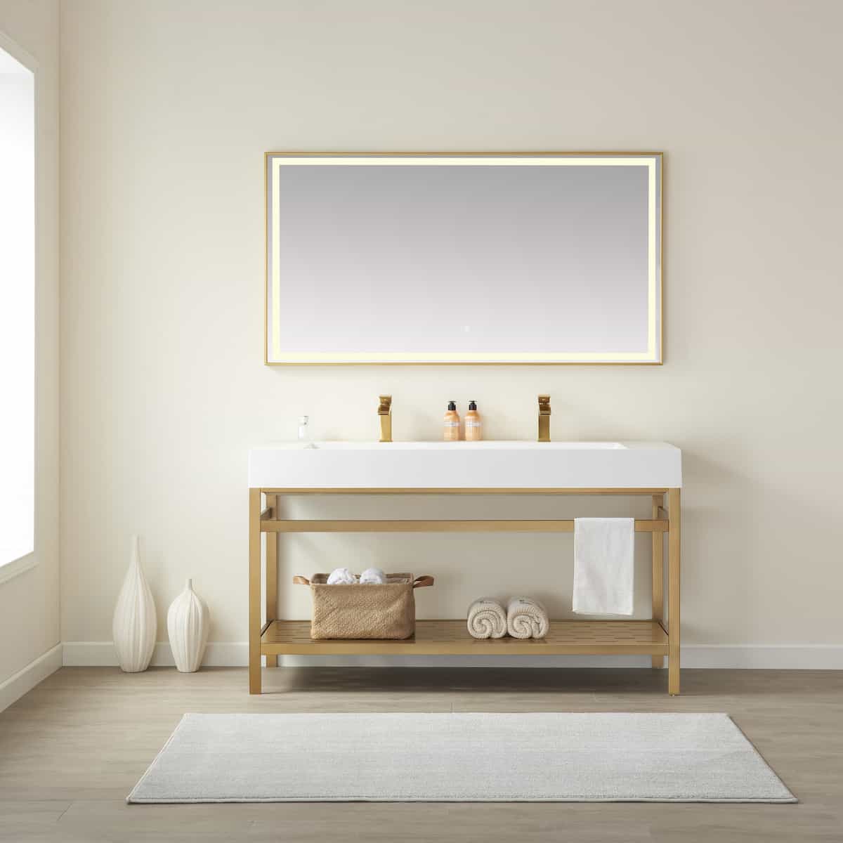 Vinnova Soria 60 Inch Freestanding Double Bath Vanity in Brushed Gold Metal Support with White One-Piece Composite Stone Sink Top With Mirror in Bathroom 702660-BG-WH