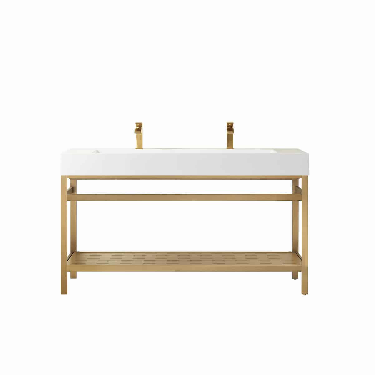 Vinnova Soria 60 Inch Freestanding Double Bath Vanity in Brushed Gold Metal Support with White One-Piece Composite Stone Sink Top Without Mirror 702660-BG-WH-NM
