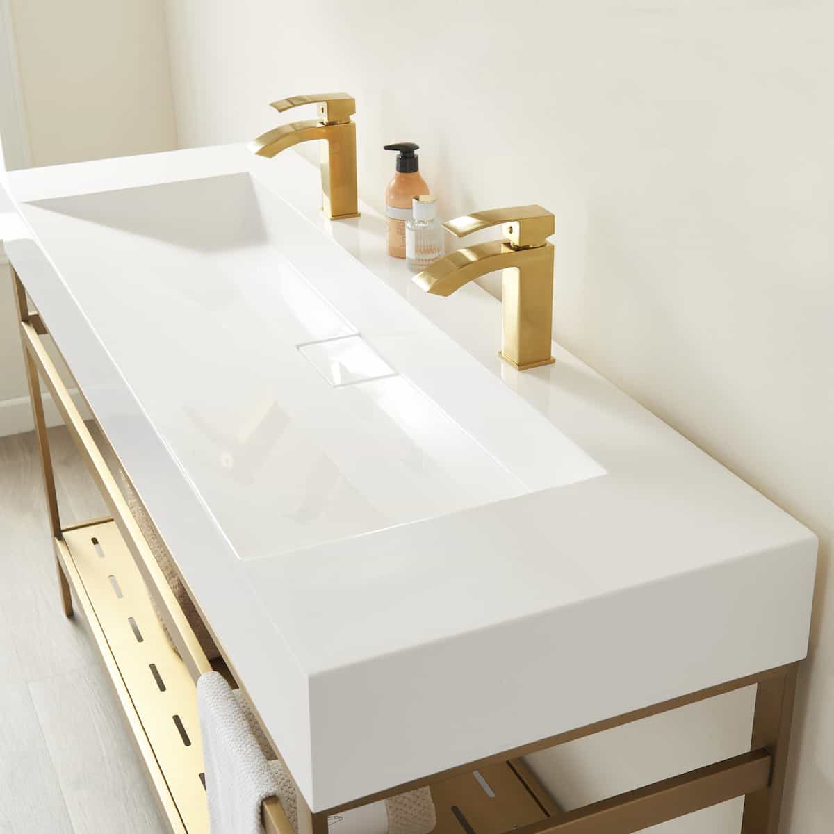 Vinnova Soria 60 Inch Freestanding Double Bath Vanity in Brushed Gold Metal Support with White One-Piece Composite Stone Sink Top Without Mirror Sink 702660-BG-WH-NM