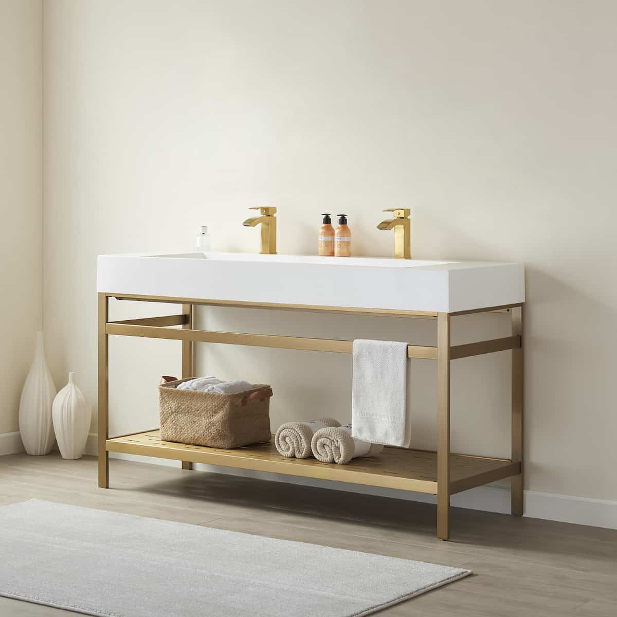 Vinnova Soria 60 Inch Freestanding Double Bath Vanity in Brushed Gold Metal Support with White One-Piece Composite Stone Sink Top Without Mirror Side 702660-BG-WH-NM