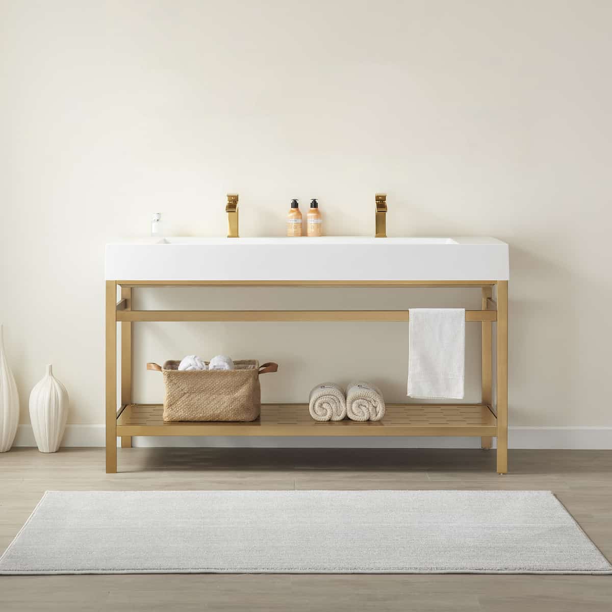 Vinnova Soria 60 Inch Freestanding Double Bath Vanity in Brushed Gold Metal Support with White One-Piece Composite Stone Sink Top Without Mirror in Bathroom 702660-BG-WH-NM