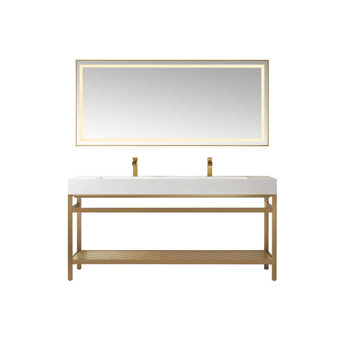 Vinnova Soria 72 Inch Freestanding Double Bath Vanity in Brushed Gold Metal Support with White One-Piece Composite Stone Sink Top With Mirror 702672-BG-WH