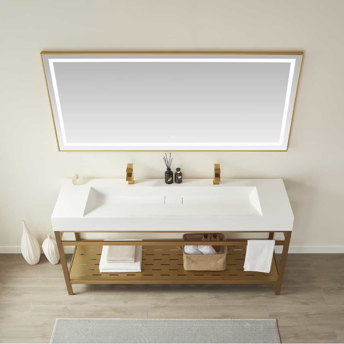 Vinnova Soria 72 Inch Freestanding Double Bath Vanity in Brushed Gold Metal Support with White One-Piece Composite Stone Sink Top With Mirror Counter 702672-BG-WH