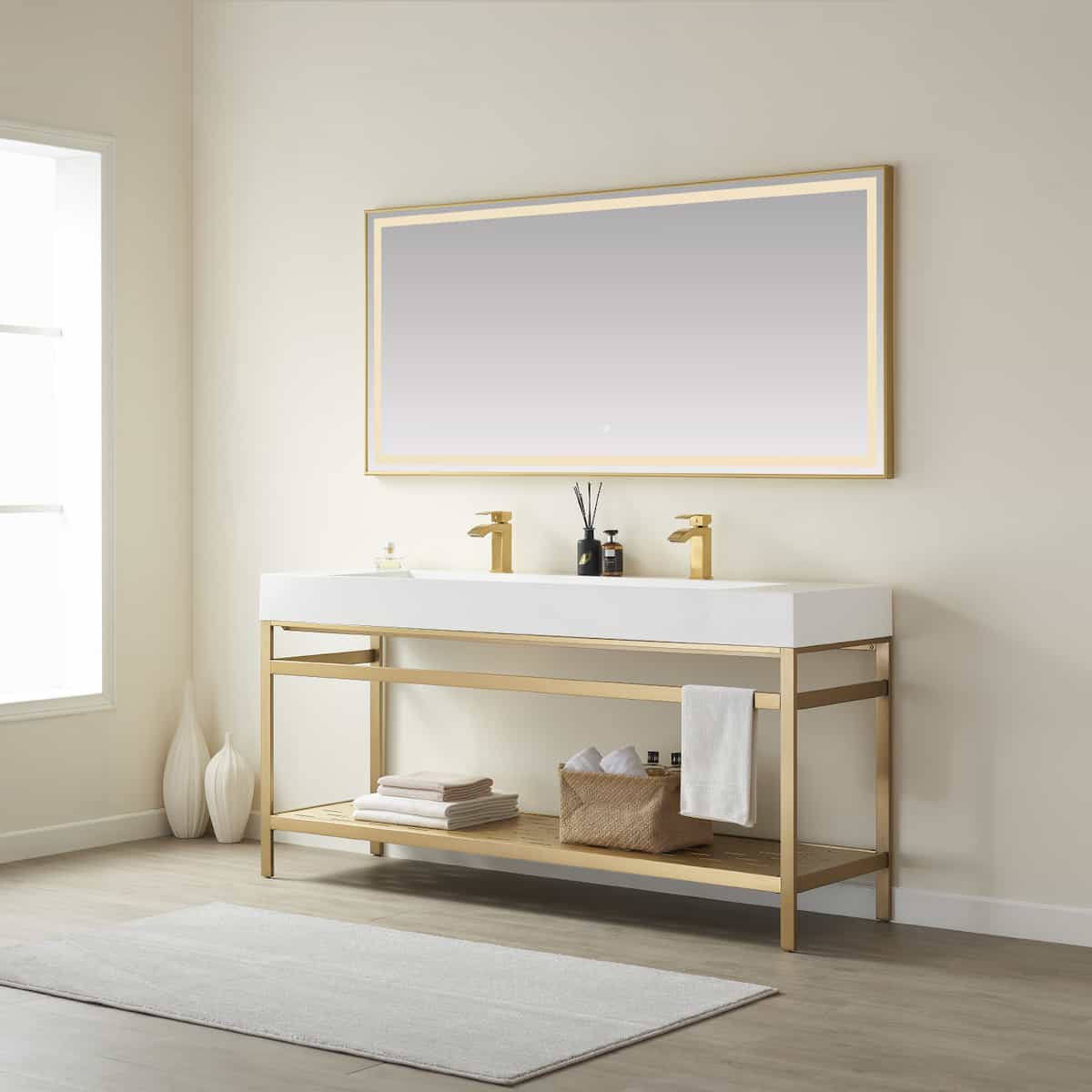 Vinnova Soria 72 Inch Freestanding Double Bath Vanity in Brushed Gold Metal Support with White One-Piece Composite Stone Sink Top With Mirror Side 702672-BG-WH
