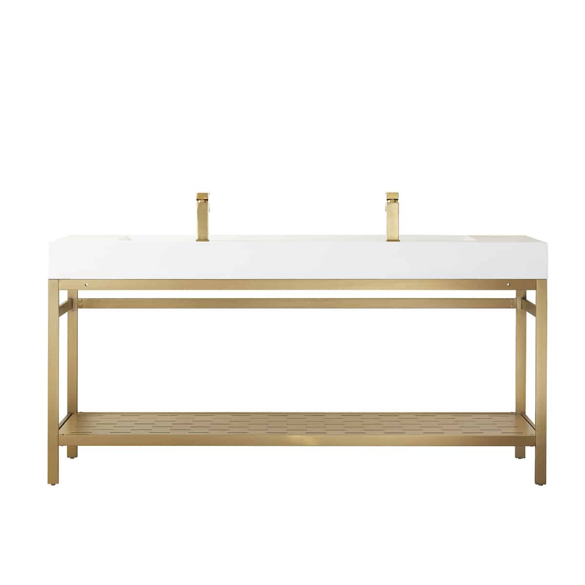 Vinnova Soria 72 Inch Freestanding Double Bath Vanity in Brushed Gold Metal Support with White One-Piece Composite Stone Sink Top Without Mirror Back 702672-BG-WH-NM