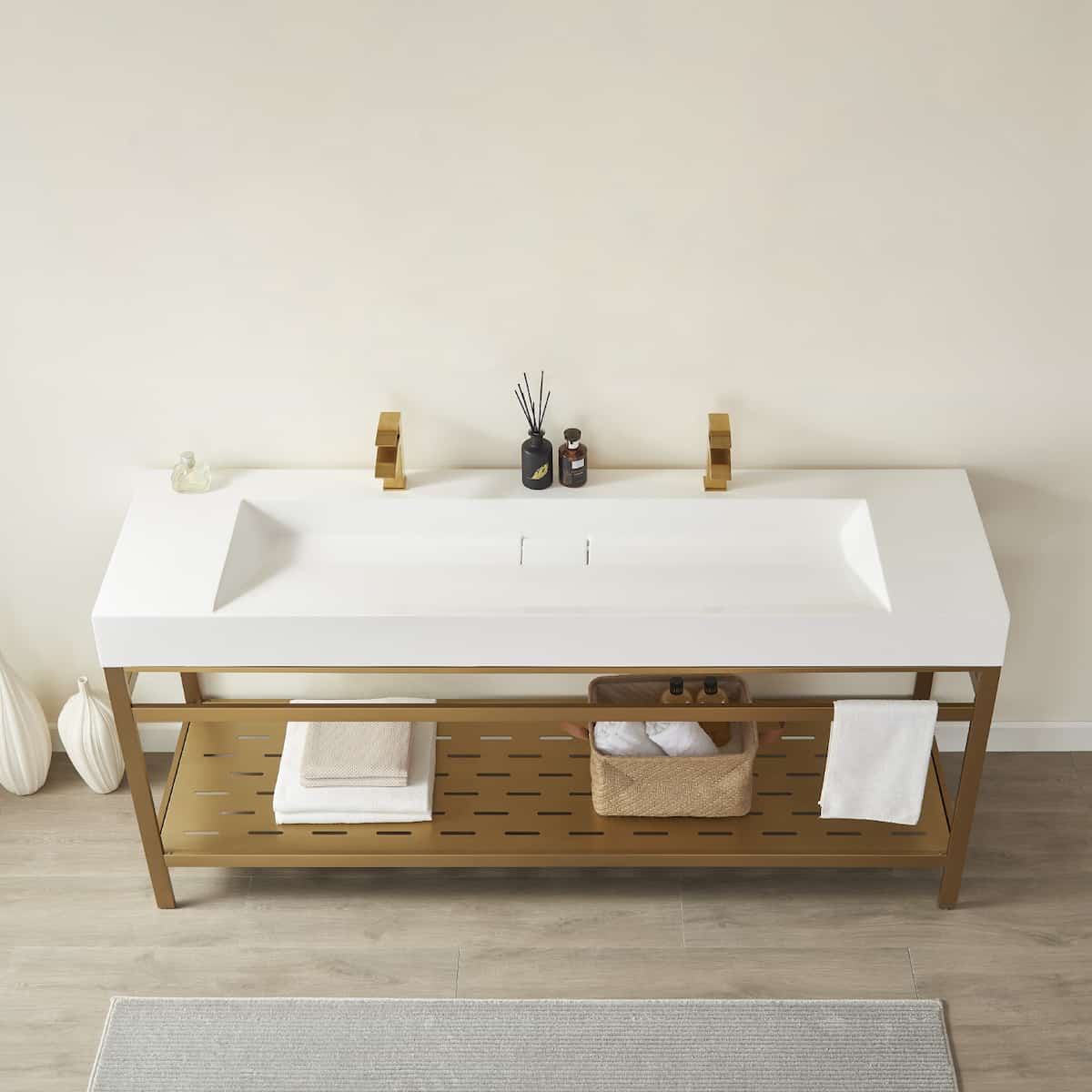 Vinnova Soria 72 Inch Freestanding Double Bath Vanity in Brushed Gold Metal Support with White One-Piece Composite Stone Sink Top Without Mirror Counter 702672-BG-WH-NM