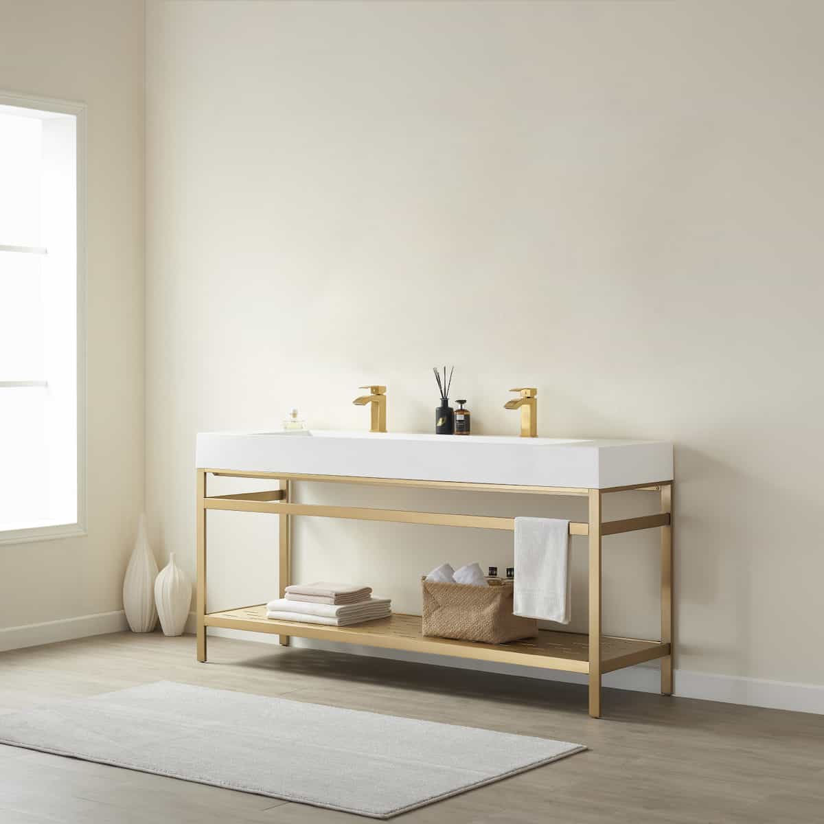 Vinnova Soria 72 Inch Freestanding Double Bath Vanity in Brushed Gold Metal Support with White One-Piece Composite Stone Sink Top Without Mirror Side 702672-BG-WH-NM