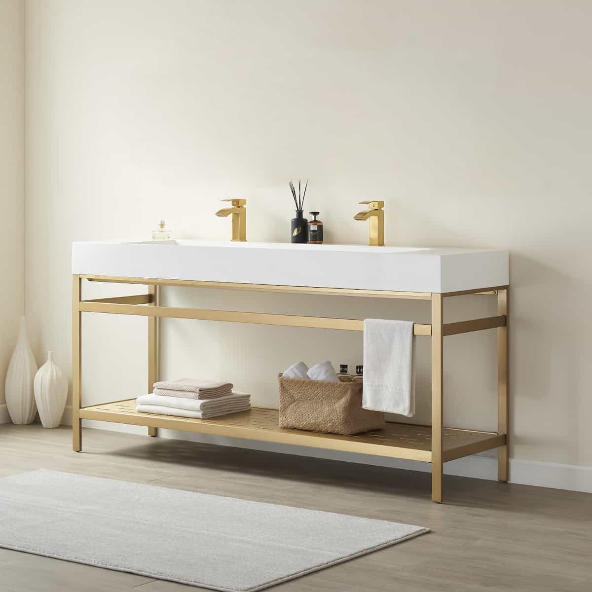 Vinnova Soria 72 Inch Freestanding Double Bath Vanity in Brushed Gold Metal Support with White One-Piece Composite Stone Sink Top Without Mirror Right Side 702672-BG-WH-NM