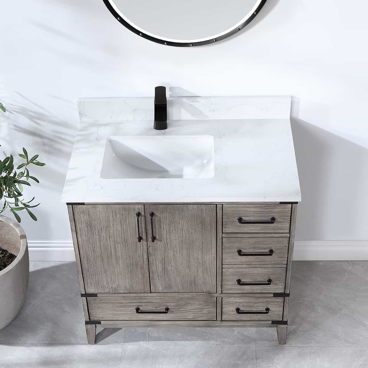 Vinnova Zaragoza 36 Inch Freestanding Single Sink Bath Vanity in Classical Grey with White Composite Grain Stone Countertop With Mirror Counter 799036-CR-GW