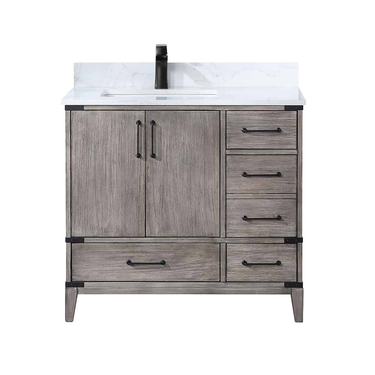 Vinnova Zaragoza 36 Inch Freestanding Single Sink Bath Vanity in Classical Grey with White Composite Grain Stone Countertop Without Mirror With Faucet 799036-CR-GW-NM