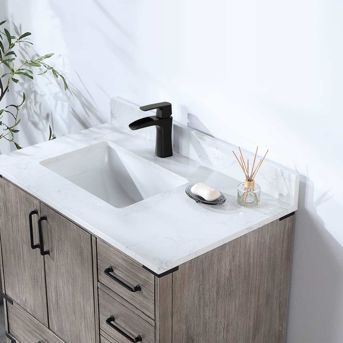 Vinnova Zaragoza 36 Inch Freestanding Single Sink Bath Vanity in Classical Grey with White Composite Grain Stone Countertop Without Mirror Sink 799036-CR-GW-NM