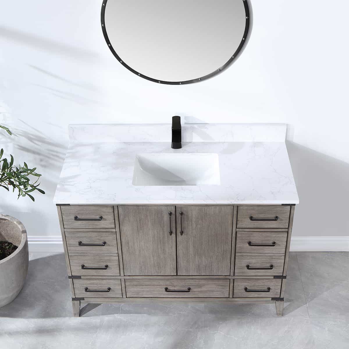 Vinnova Zaragoza 48 Inch Freestanding Single Sink Bath Vanity in Classical Grey with White Composite Grain Stone Countertop With Mirror Counter 799048-CR-GW